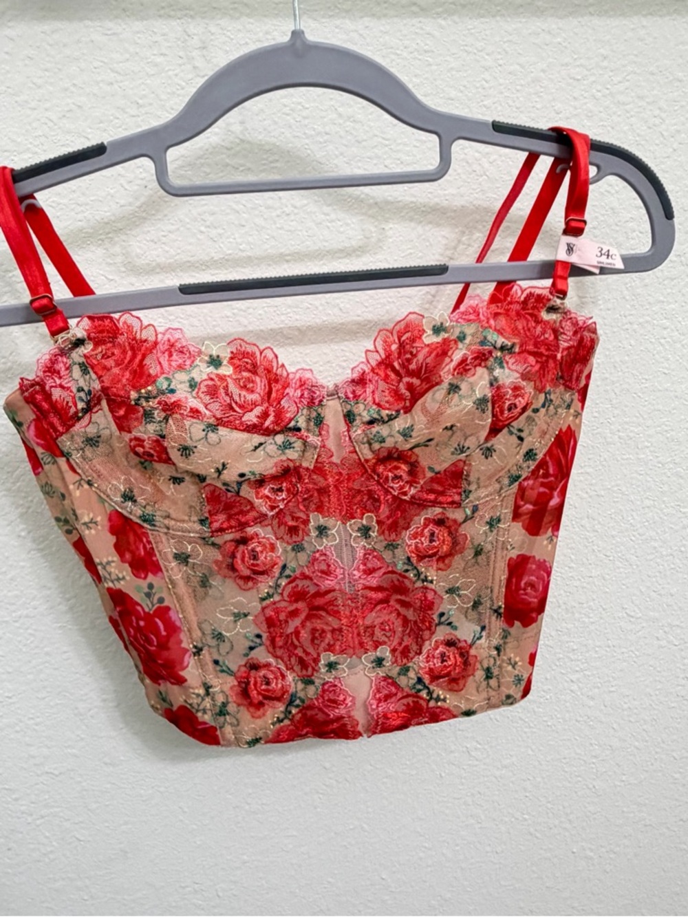 34C VS Dream Angels Tomato Red Embroidered Illuminating Blooms Corset Bra Top - Picture 6 of 14